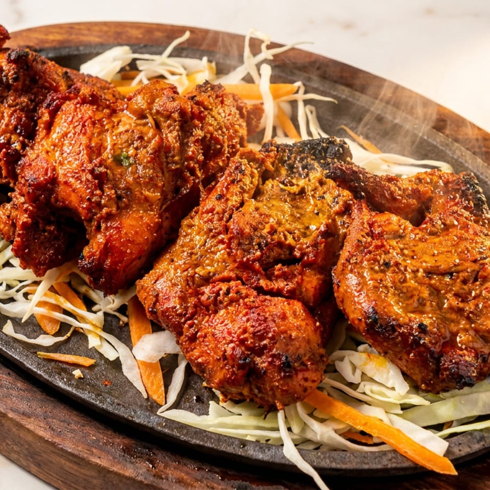 Sizzling tandoori chicken pieces on a hot platter with shredded cabbage and carrots.