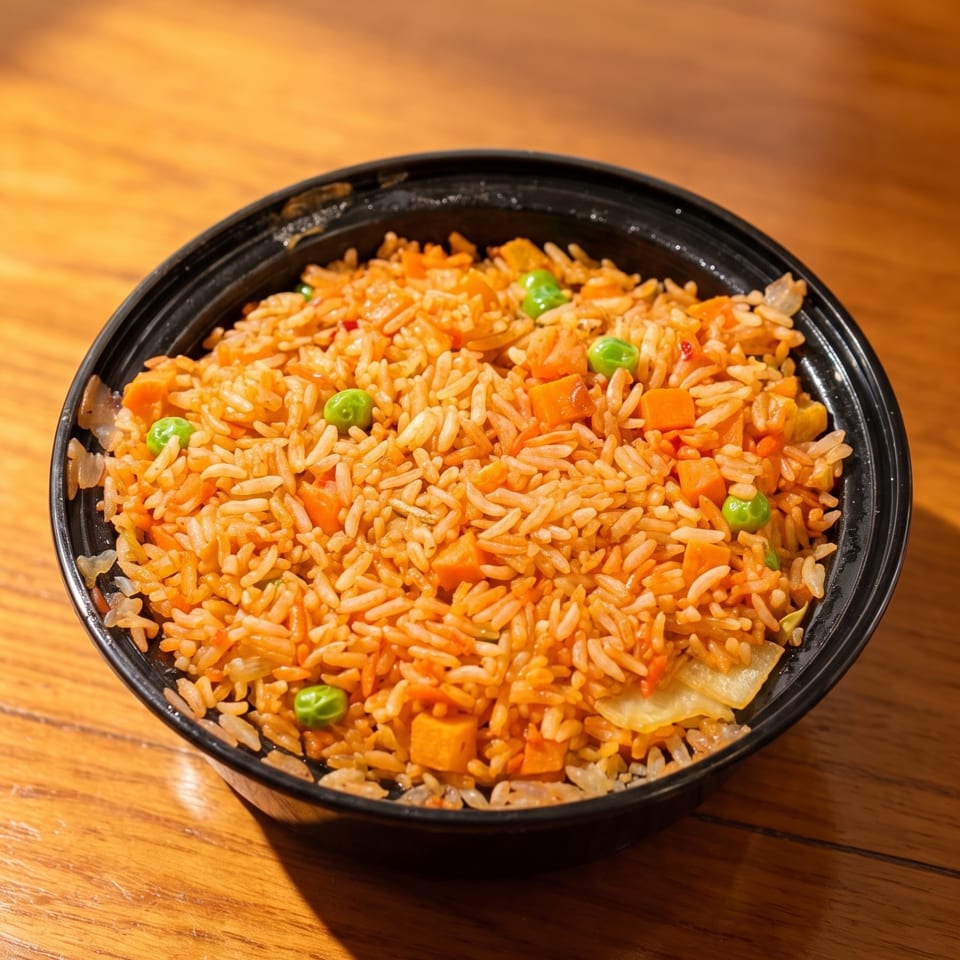Bowl of orange seasoned rice with carrots, peas, and onions on a wooden restaurant table.