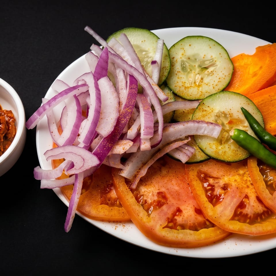Plate of sliced tomatoes, cucumbers, carrots, red onions, and green chilies with spicy chutney on the side.