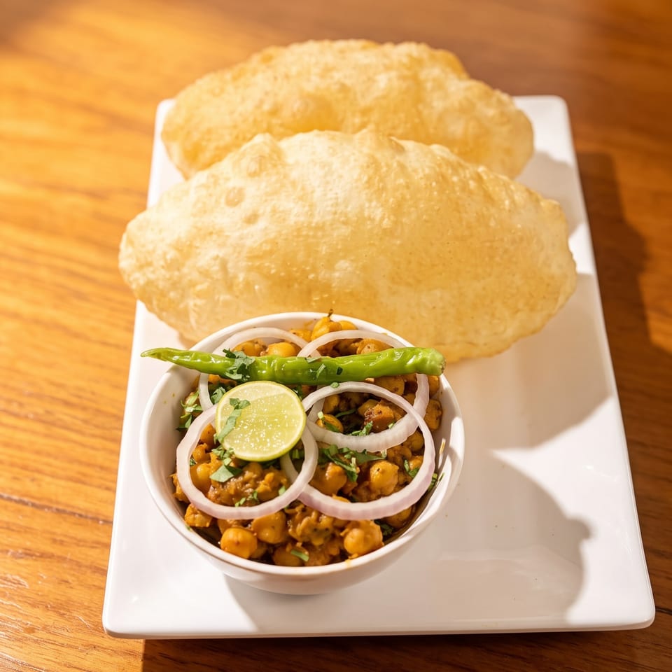 Chickpea curry topped with onions, cilantro, lime, and green chili, served with crisp puris on a white plate.