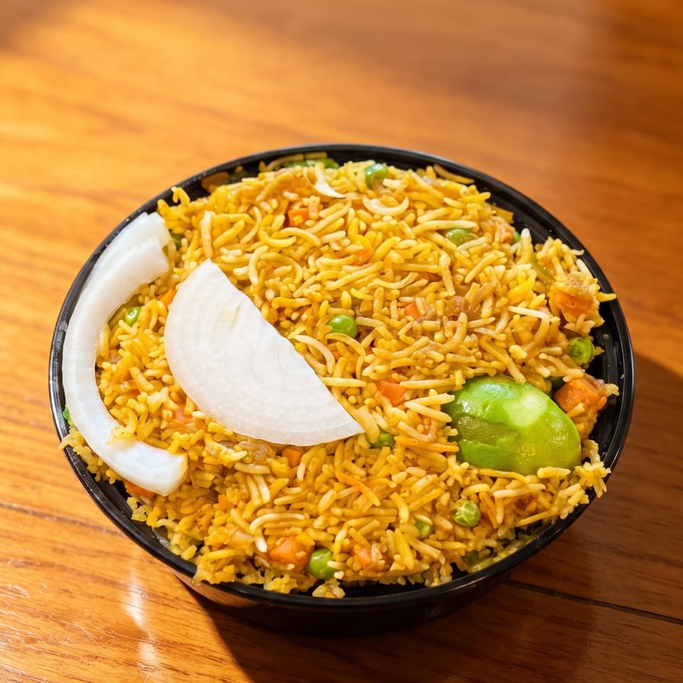 Bowl of colorful spiced rice with vegetables, lime wedges, and crispy noodles on a wooden restaurant table.