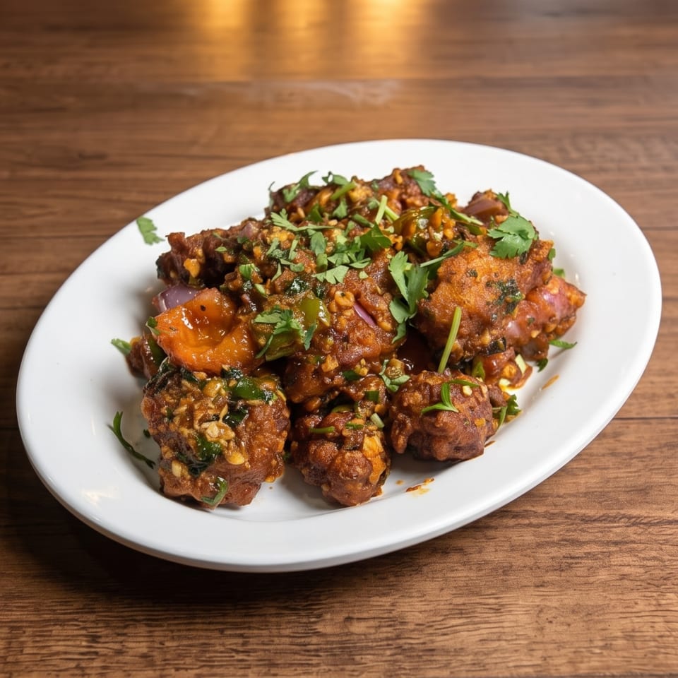 Plate of saucy meatballs garnished with fresh cilantro and chopped nuts on a wooden table.