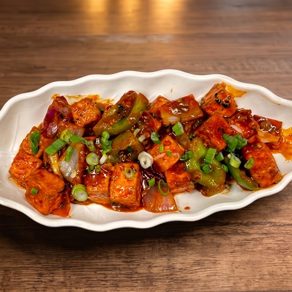 Glazed tofu cubes with bell peppers and onions, garnished with scallions, served on a white platter over a wooden table.