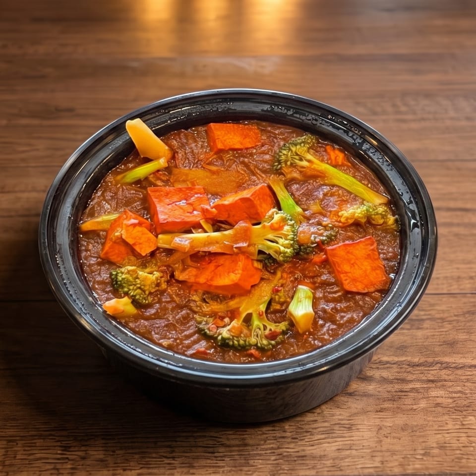 Bowl of savory brown stew with broccoli, carrots, and peppers on a wooden table.