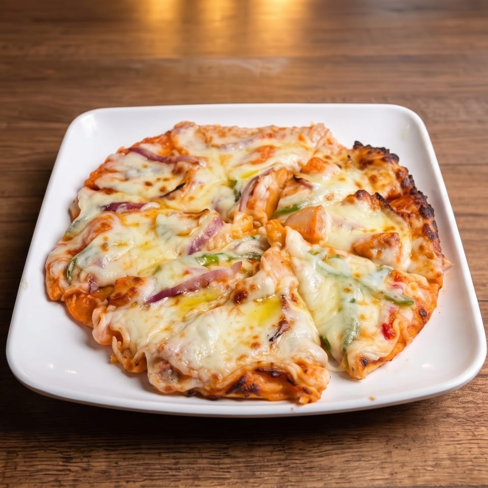 Cheesy vegetable-topped pizza on a white square plate atop a wooden table.