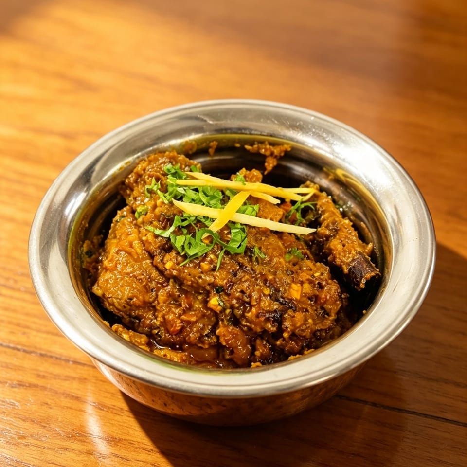 Spicy curry with chunks of meat, garnished with fresh cilantro and ginger strips in a metal bowl on a wooden table.