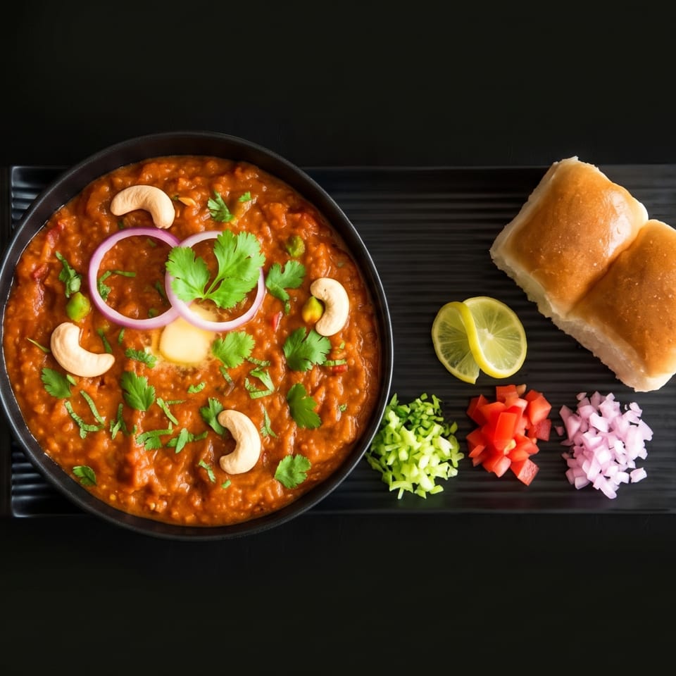Indian pav bhaji served with buttered bread rolls, lime, chopped onions, peppers, cilantro, and cashews on a black platter.