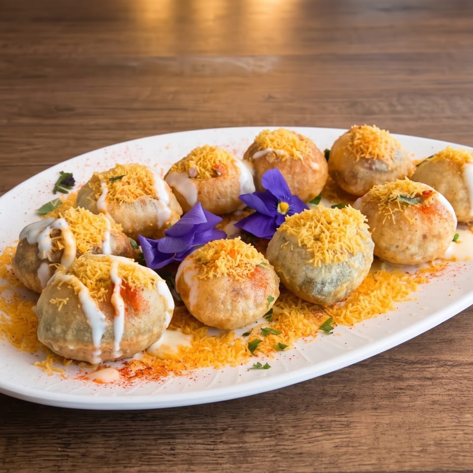 Plate of savory stuffed pastries topped with crispy sev, yogurt, spices, herbs, and edible purple flowers on a wooden table.