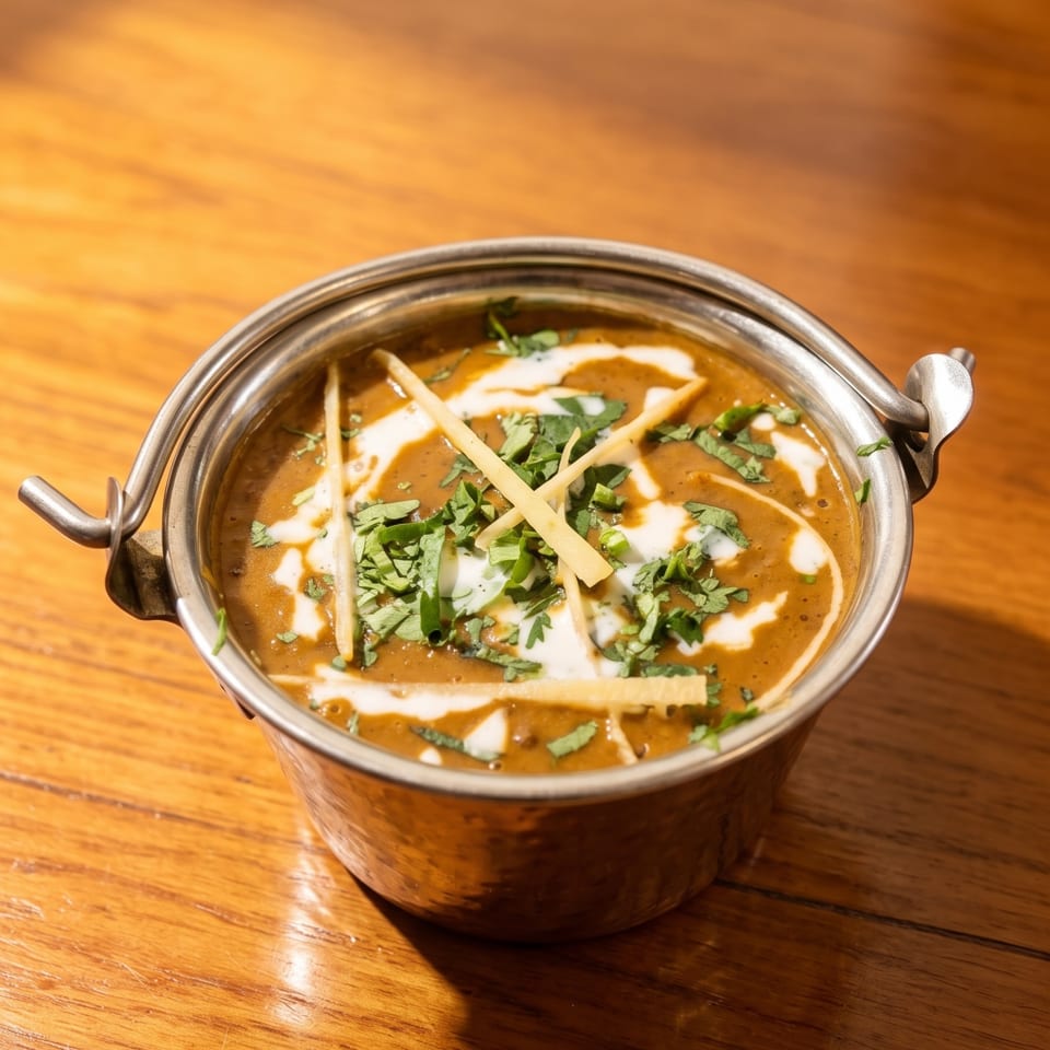 Creamy Indian curry garnished with cilantro and crispy ginger strips in a metal serving bowl on a wooden table.