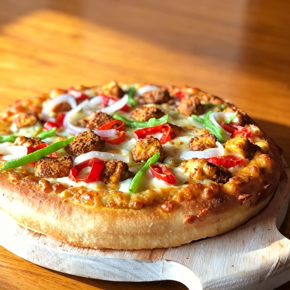 Loaded pizza topped with meatballs, melted cheese, green peppers, red peppers, onions, and tomatoes on a wooden table