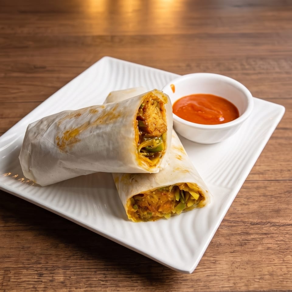 Two filled wraps on a white plate with a bowl of red dipping sauce on a wooden table.