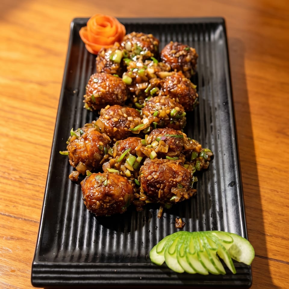 Glazed meatballs topped with scallions and crispy onions, served with cucumber and carrot garnishes on a black platter.