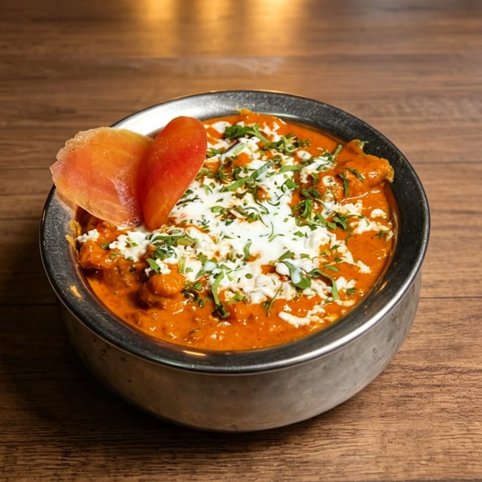 Bowl of creamy orange curry topped with herbs and cream, garnished with crisp papad, on a wooden table.