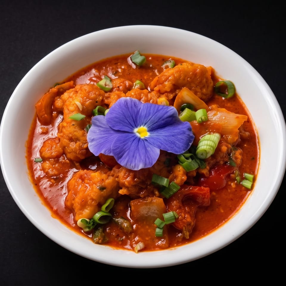 Bowl of crispy chicken in red sauce garnished with scallions and a purple edible flower.