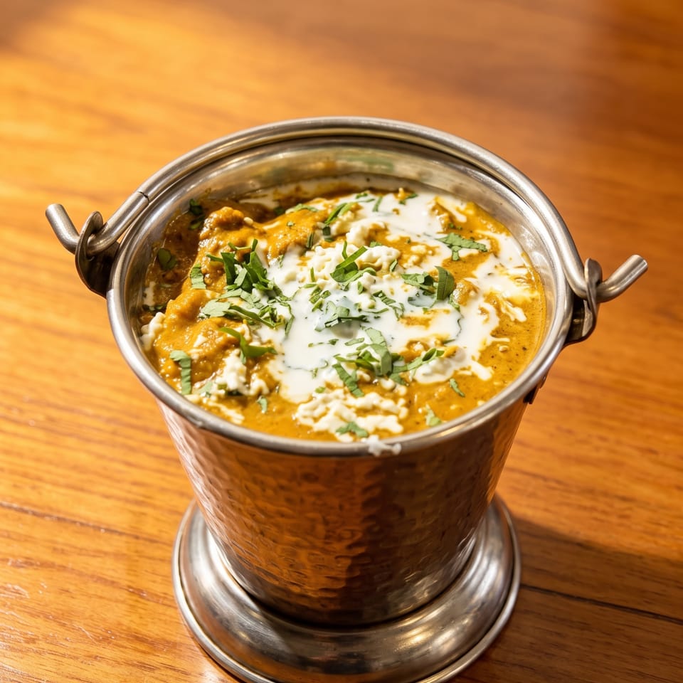 Creamy orange Indian curry topped with yogurt and cilantro, served in a metal handi on a wooden table.