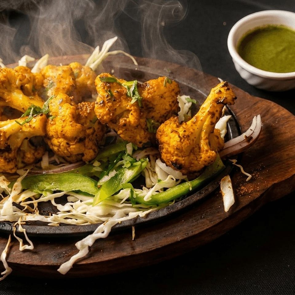 Steaming spiced cauliflower florets served over shredded cabbage and peppers with green dipping sauce on a wooden platter.