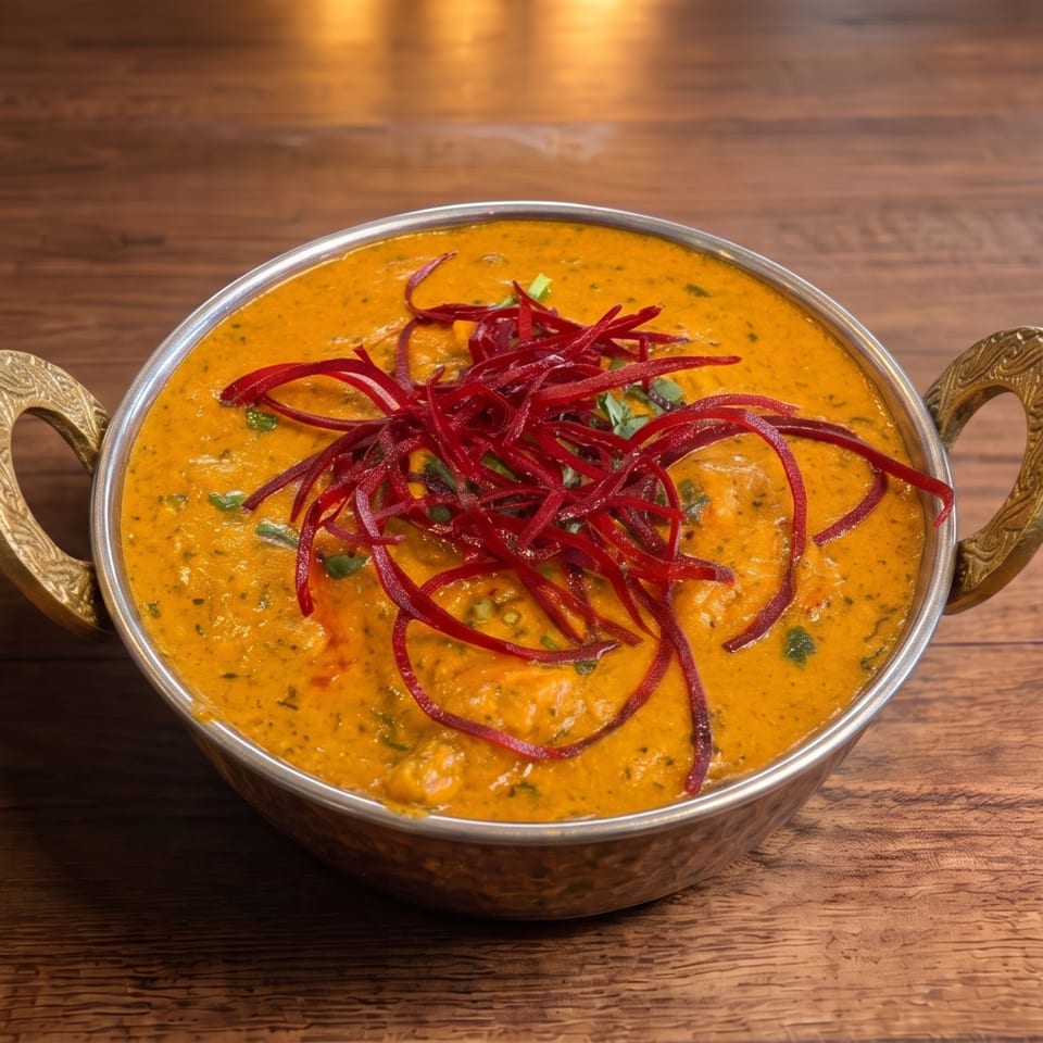 Creamy orange curry garnished with shredded red beet in a decorative brass-handled serving bowl on a wooden table.