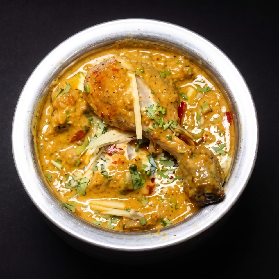 Creamy Indian chicken curry garnished with cilantro, ginger, chilies, and cream in a metal bowl.