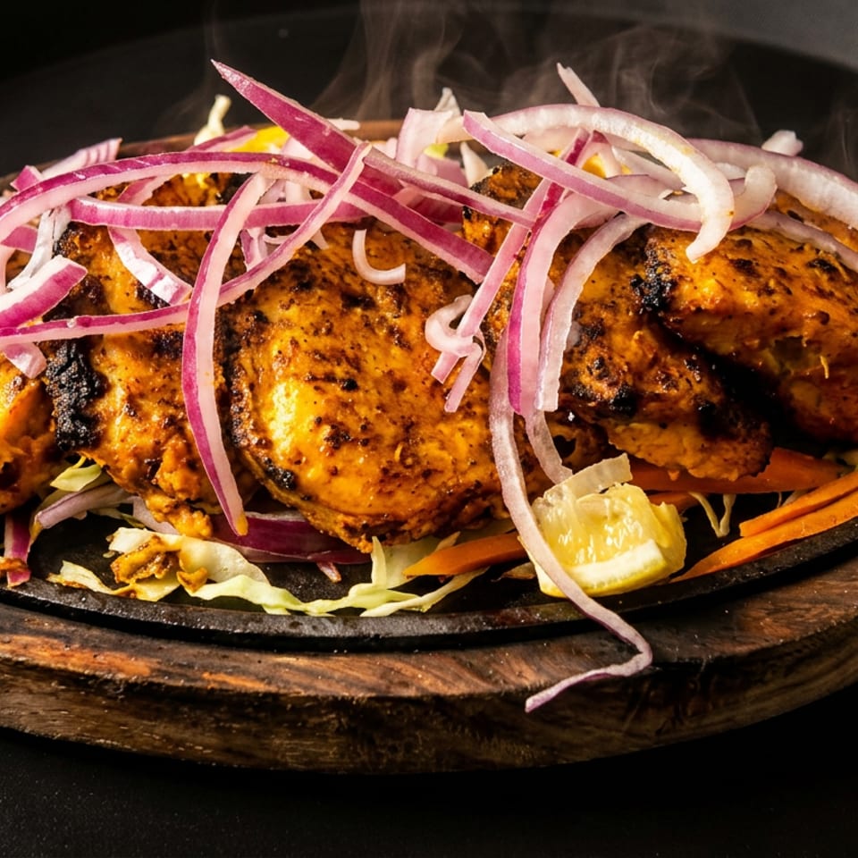 Sizzling grilled chicken tikka with red onions and lemon on a wooden platter.