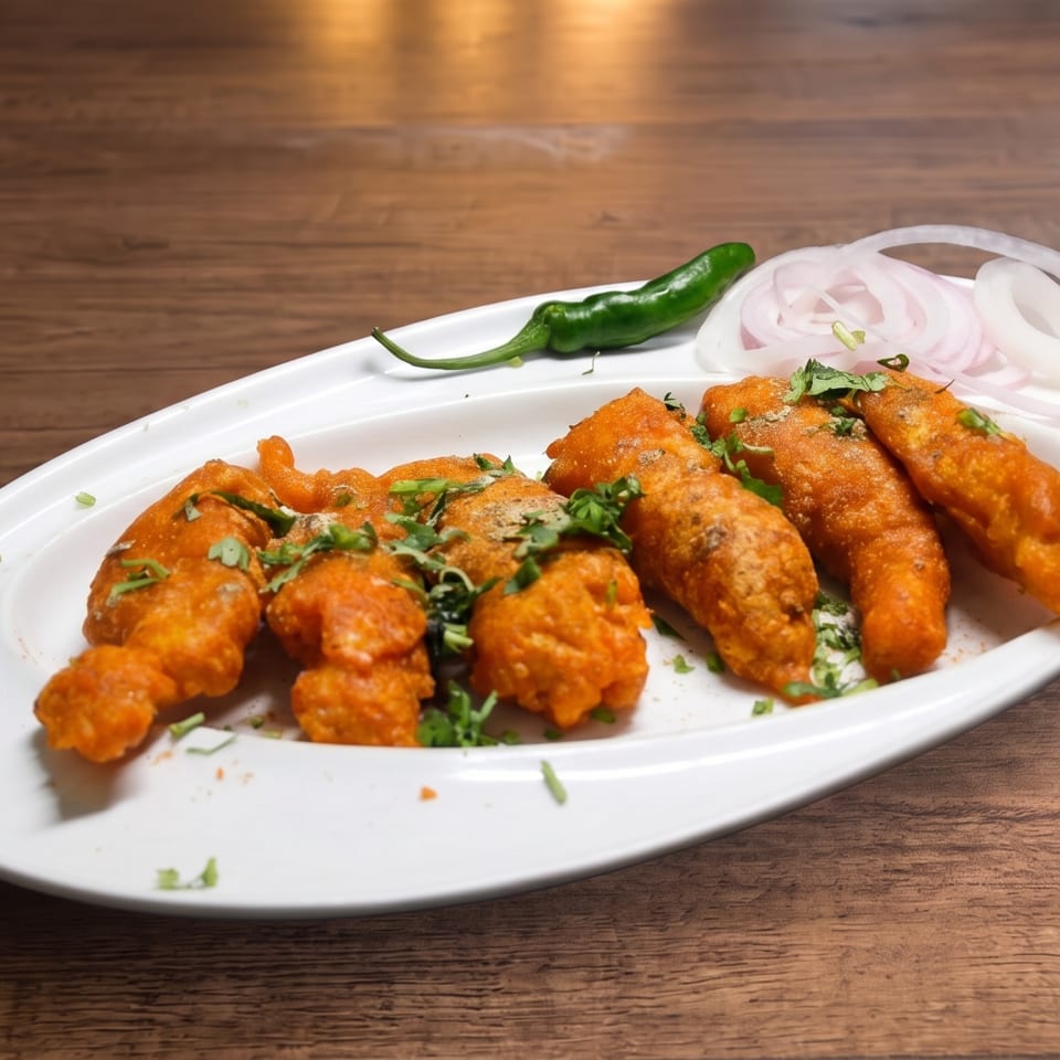 Plate of golden fried appetizers garnished with cilantro, sliced onions, green chili, and lemon wedge on a wooden table.